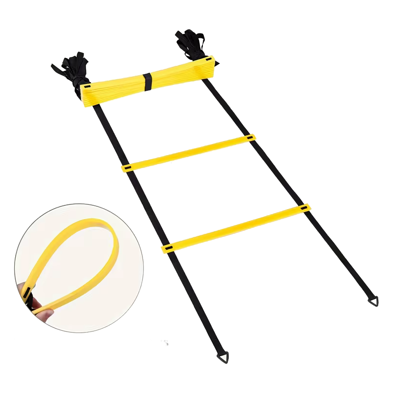 Close-up of the flexible yellow rungs on the agility ladder